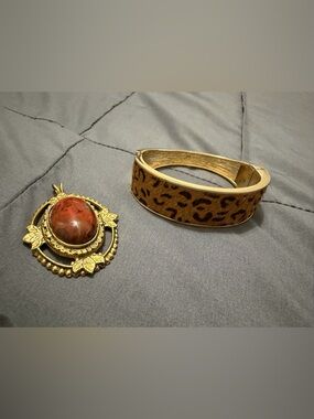 Gold-Tone Leopard Print Hinged Bangle Bracelet and Gold tone Stone Pendant